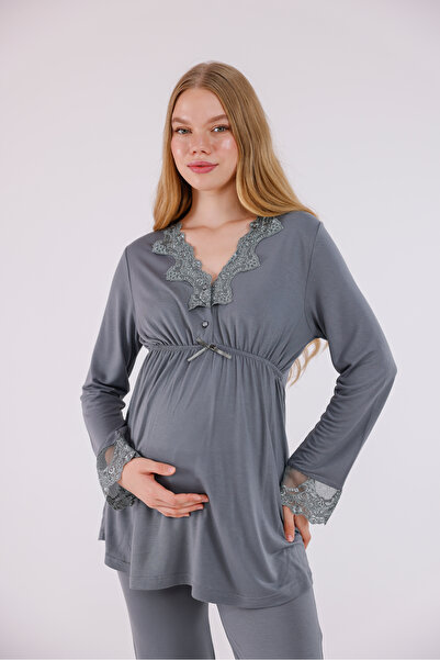 Yulem Homewear Smoked Lace Detailed Nursing-Friendly Cotton Maternity Pajama Set