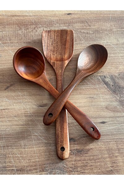 LeesHome Acacia Wood Handmade Wooden Spoon 26cm Ladle 28cm and Spatula Set 34 Cm.