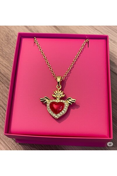 denars jewelry Kırmızı Kalp Detaylı Kanatlı Kolye – Romantik ve Işıltılı Tasarım