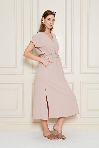 NEW LAVİVA Women's Double Breasted Collar Elastic Slit Pocket Detailed Aerobin Dress 700-3764