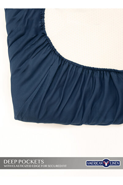 American Linen King Plain Fitted Elastic Bedsheet with 2 Pillow Case 200 x 200 Cm Navy Blue