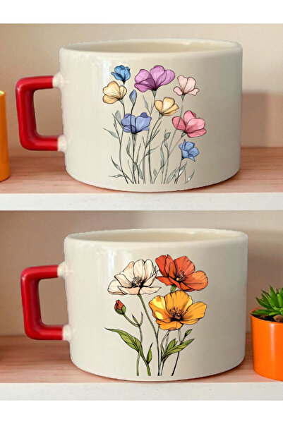 lili hediyelik طقم فناجين قهوة مكون من قطعتين مطبوع عليه زهور - هدية عيد ميلا...