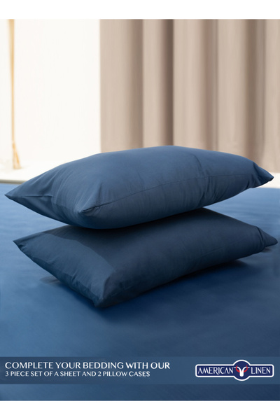 American Linen King Plain Fitted Elastic Bedsheet with 2 Pillow Case 200 x 200 Cm Navy Blue