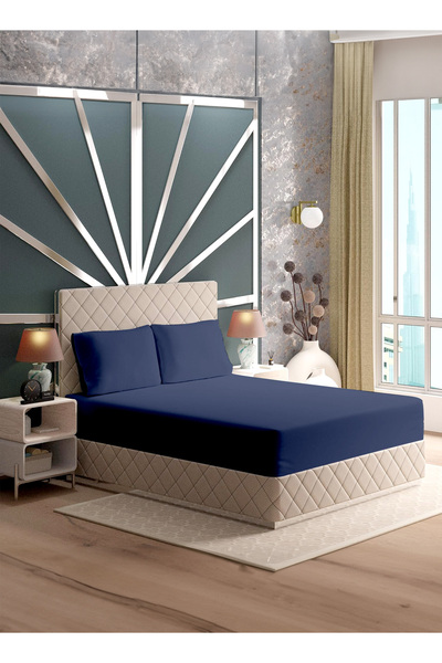 American Linen King Plain Fitted Elastic Bedsheet with 2 Pillow Case 200 x 200 Cm Navy Blue