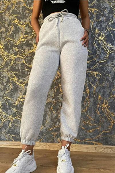 INFLUYENTE Women's Gray Winter Fleece-Lined Comfortable Cut Sweatpants with Elasticated Legs