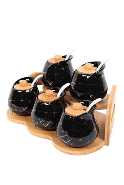 HOMEVEO طقم سيراميك للسكر والتوابل مكون من 5 قطع بقاعدة خشبية