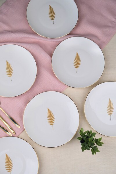 tabakevi Tabak Evi Porcelain Natura Fern Gold Gilded Cake Plate 20.50cm Set of 6