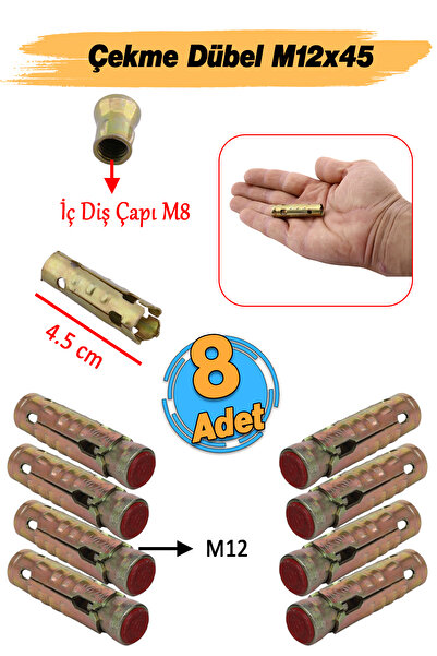 Badem10 Tapalı Çekme Çelik Dübel M12x45 mm Genleşmeli İç Diş M8 Montaj Bağlan...