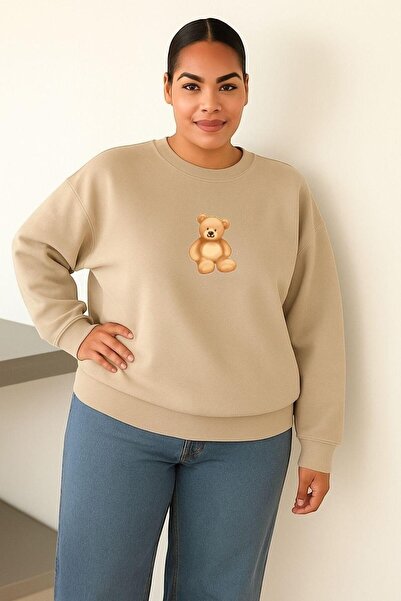 DM DOLCE MORE Hanorac unisex de mărime mare, cu 3 fire, din bumbac pieptănat, cu imprimeu de ursuleț