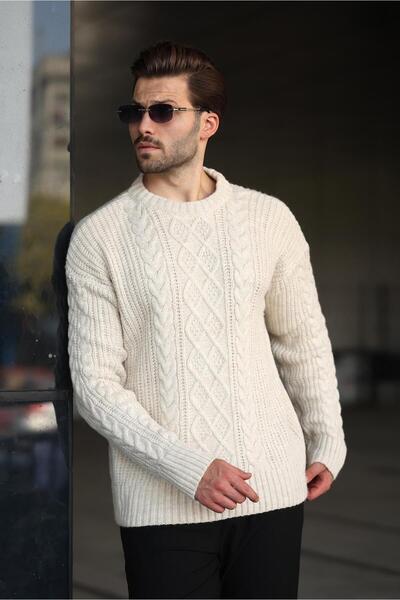 Madmext Ecru Knitted Patterned Knitwear Men's Sweater E7425