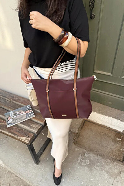 LEONAS Striped Front Eyelet Women's Shopper Bag Carmira St0023 Burgundy