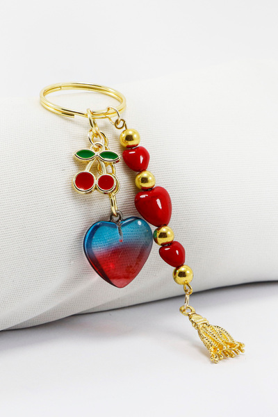 biuti Salkım Cam Kırmızı Kalpli Çift Renkli Kirazlı Anahtarlık, Yeni Çanta Süsü