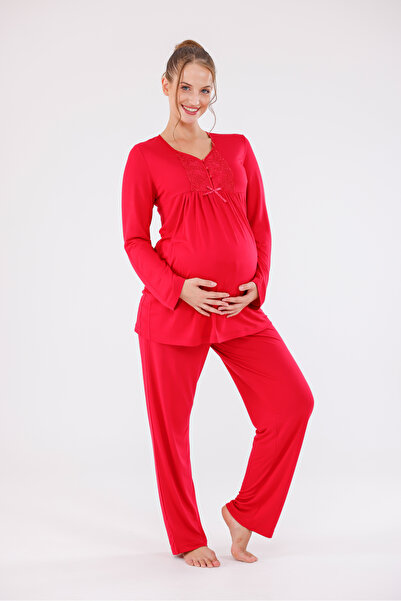 Yulem Homewear Red Velvet Shawl Collar Lace Design Maternity Maternity Dressing Gown 3-Piece Pajama Set