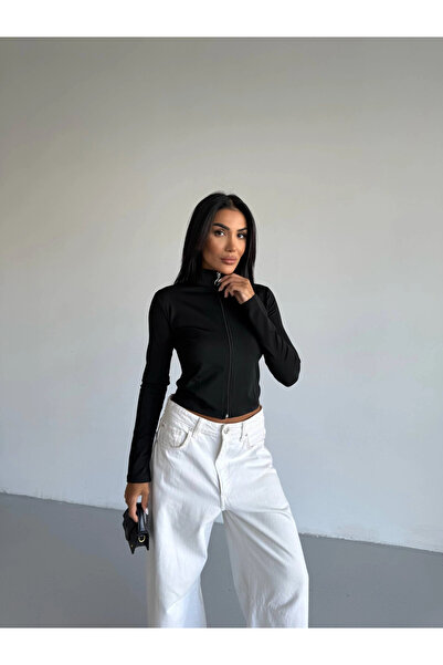 hazelin Women's Black Diving Fabric Zipper Closure Finger Loop Sweatshirt Hzl25W-Fry123441