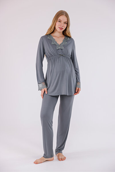 Yulem Homewear Smoked Lace Detailed Nursing-Friendly Cotton Maternity Pajama Set
