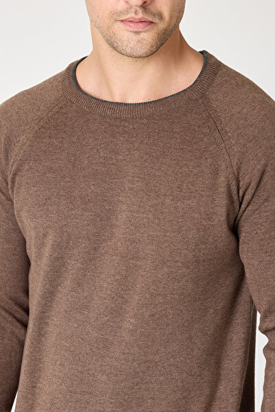 Frappoli Lunox Men's Brown Italian Ribbed Cotton Sports Crew Neck Sweater