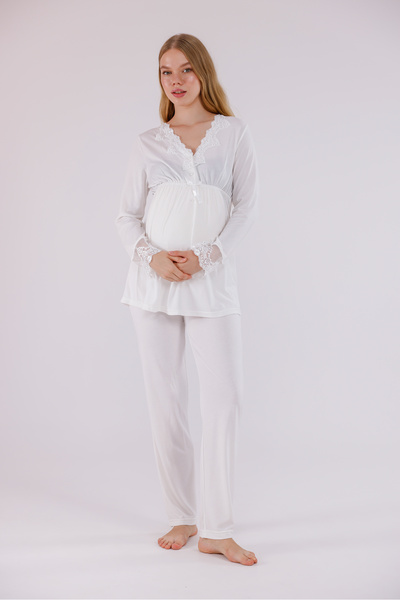 Yulem Homewear Ekru Dantel Detaylı Emzirme Özellikli Pamuklu Lohusa Hamile Pijama Takım