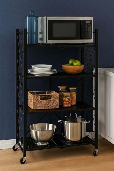 HOMEVEO رف تخزين معدني سميك قابل للطي بأربع طبقات مع عجلات - تصميم قوي وأنيق ...