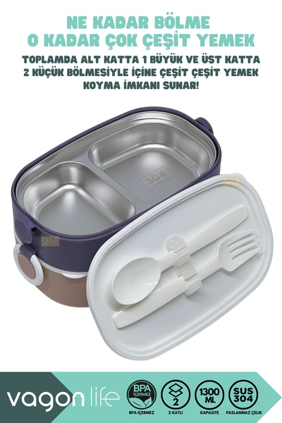 Vagonlife Bento 1300ml Lunchbox New Collection 2 Layer 3 Compartment Stainless Steel Lunch Box Food Container