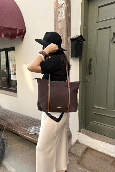 LEONAS Striped Front Pocket Women's Shopper Bag Carmira St0023 Bitter Brown