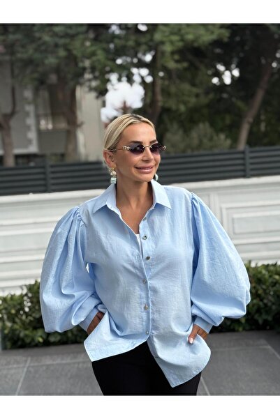 Muna Boutique قميص نسائي أزرق بتفاصيل أكمام بالون