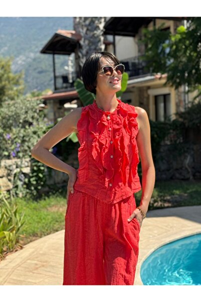 Punta Otantik Nc14092 Ruffled Sleeveless Italian Linen Suit Red