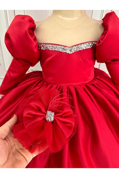 İlknur Karaca Design Kırmızı balon kollu kız çocuk özel gün doğum günü altı ay kına elbisesi
