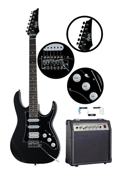 Midex RPH-320BK-30AMP Siyah Renk Super Strat Kasa HSS 30W Amfili Elektro Gitar Seti