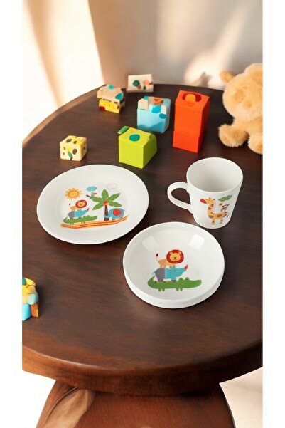 Tulü Porselen Tulu Porselen 3'Lü Mama Seti Porselen Kupa, tabak ve Kase ASLANLI