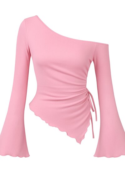 Edela Pink Long Sleeve Asymmetrical Neckline Draped Side Tie Blouse