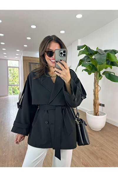 2she Oversize Düşük Omuz Trençkot - Siyah