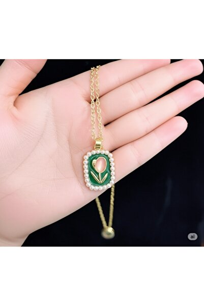 denars jewelry İnci Çerçeveli Yeşil Zemin Lale Motifli El Yapımı Kolye – Vint...