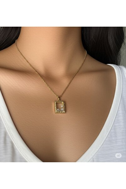 denars jewelry Altın Zincirli Kare Çerçeveli Minimal Kolye – Şık ve Modern Ka...