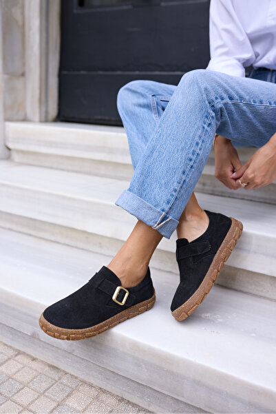 ANGELİNA JONES Alessi Women's Black Real Suede Loafer Shoes