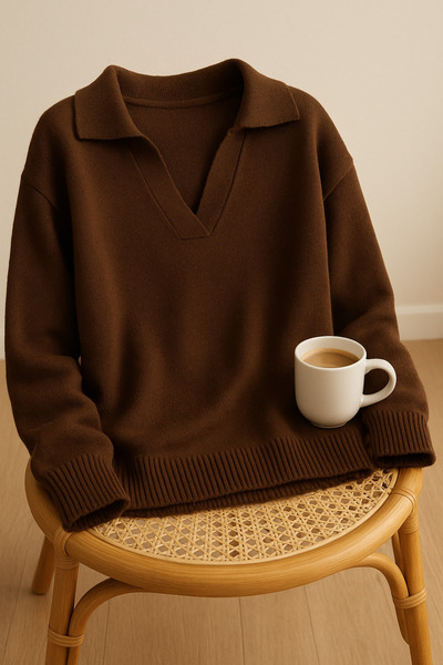 FEMELLE Brown Women's Polo Neck Oversize Knit Sweater - Standard Size Soft Texture