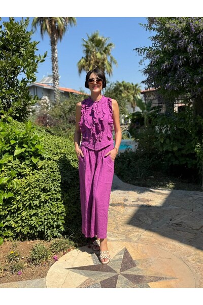 Punta Otantik Nc14092 Ruffled Sleeveless Italian Linen Suit Magenta