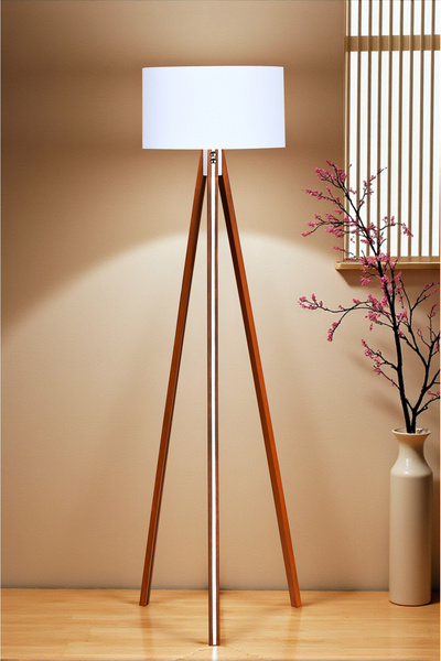 Lambazade Ahşap Gövdeli Açık Meşe Beyaz Detaylı Lambader Beyaz Başlık