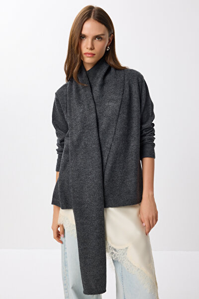Lovelyİstanbul Pulover tricotat asimetric cu eșarfă LMW0025 ANTRACIT