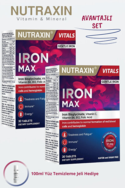 Nutraxin Iron Max (Vitamin C - B6 - B12 - Folik Asit - Demir) 30 Tablet 2 ADET + 100ml Jel Hediye