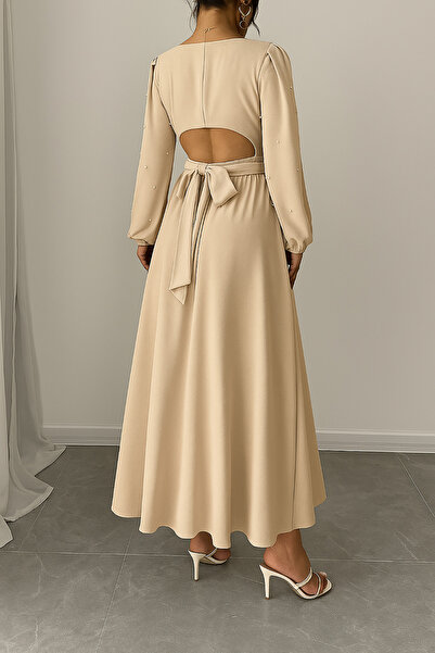 Deafox Beige Pearl Detail Round Neck Princess Sleeve Low-Cut Waist Self-Belted Crepe Fabric Dress