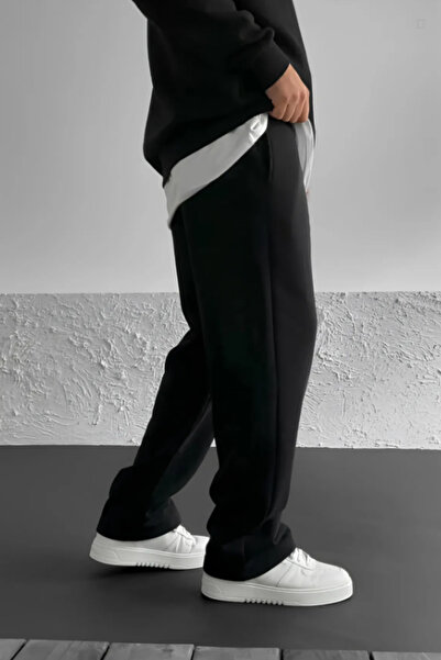 INFLUYENTE Men's Black Buggy Cut Winter Fleece-Lined Wide-Leg Sweatpants