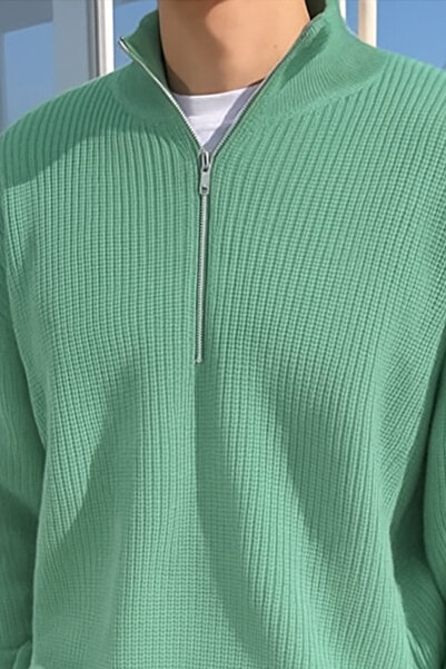 COOL TARZ Water Green Men's Oversized Zippered Fisherman Sweater