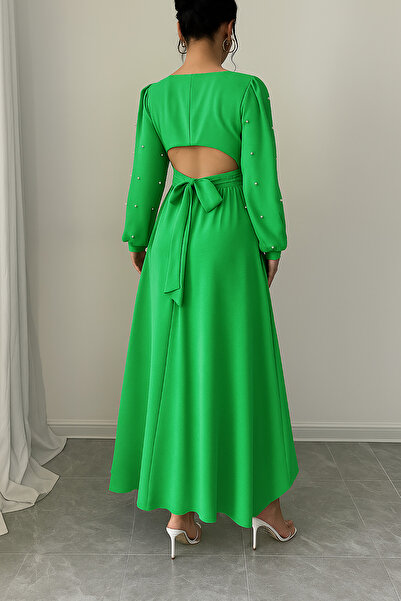 Deafox Light Green Pearl Detail Round Neck Princess Sleeve Low-Cut Waist Self-Belted Crepe Fabric Dress