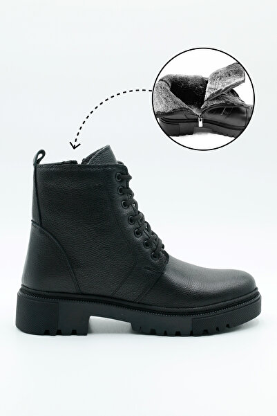 MAKRAS EXCLUSIVE Γυναικείες μαύρες μπότες από 100% γνήσιο δέρμα με επένδυση από γούνα