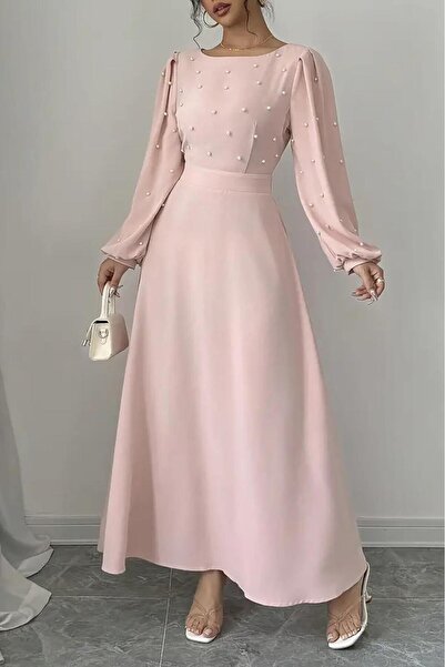 Deafox Šaty z krepové látky s pudrovým perleťovým detailem, kulatým výstřihem, princeznovskými rukávy, nízkým střihem v pase a vlastním páskem