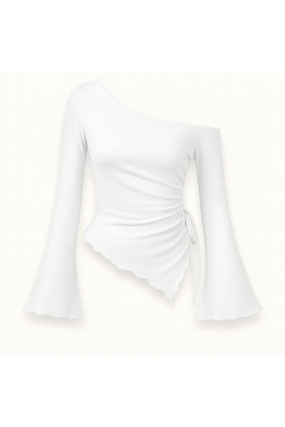 Edela Ecru Long Sleeve Asymmetrical Neckline Draped Side Tie Blouse