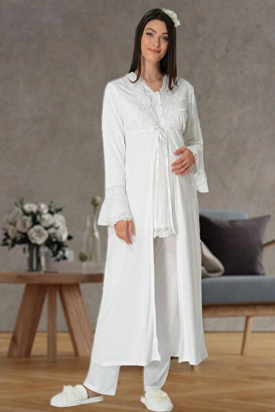 Lohusa Dünyasi Women's Powder Lace Long Dressing Gown Maternity 3-Piece Pajam...