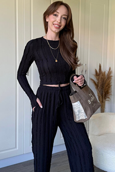 Dilay Gökoğlu Butik Ruffled Long Sleeve Crop Black Set