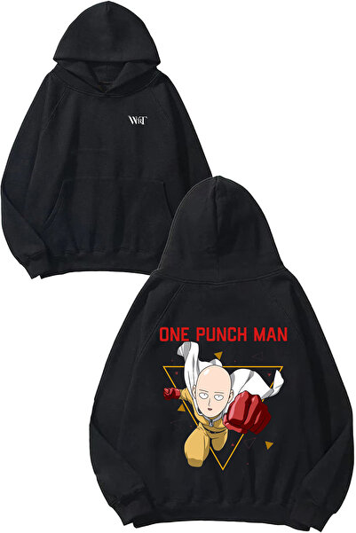THEWERT Hanorac negru cu glugă cu imprimeu pe spate One Punch Man 6 Design