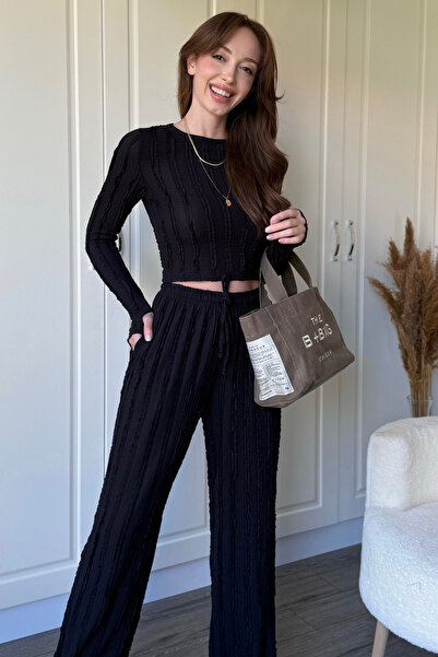 Dilay Gökoğlu Butik Ruffled Long Sleeve Crop Black Set